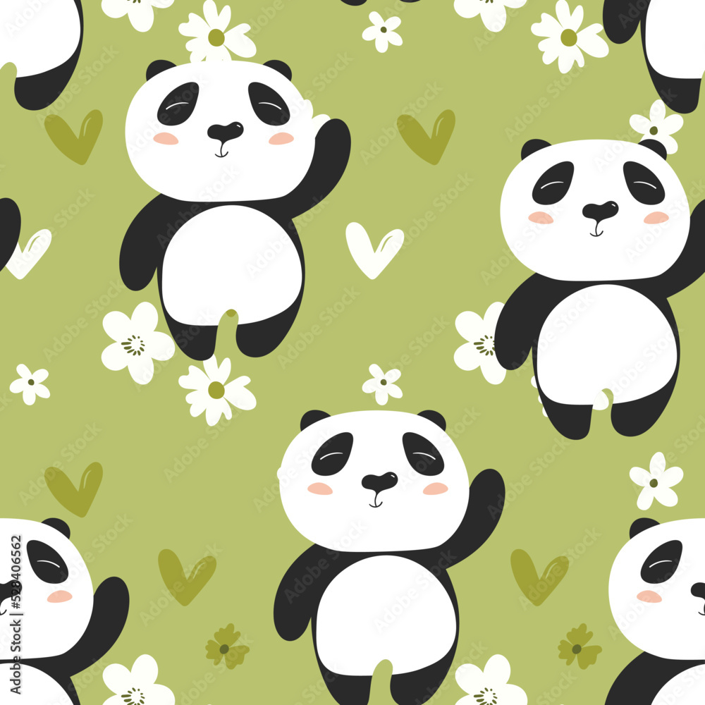Seamless pattern with cute panda baby on color floral background. Funny asian animals. Card, postcards for kids. Flat vector illustration for fabric, textile, wallpaper, poster, gift wrapping paper Seamless pattern with cute panda baby on color floral background. Funny asian animals. Card, postcards for kids. Flat vector illustration for fabric, textile, wallpaper, poster, gift wrapping paper