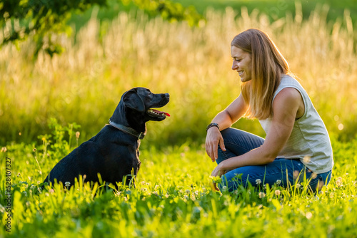 Happy woman with Black Labrador on meadow
