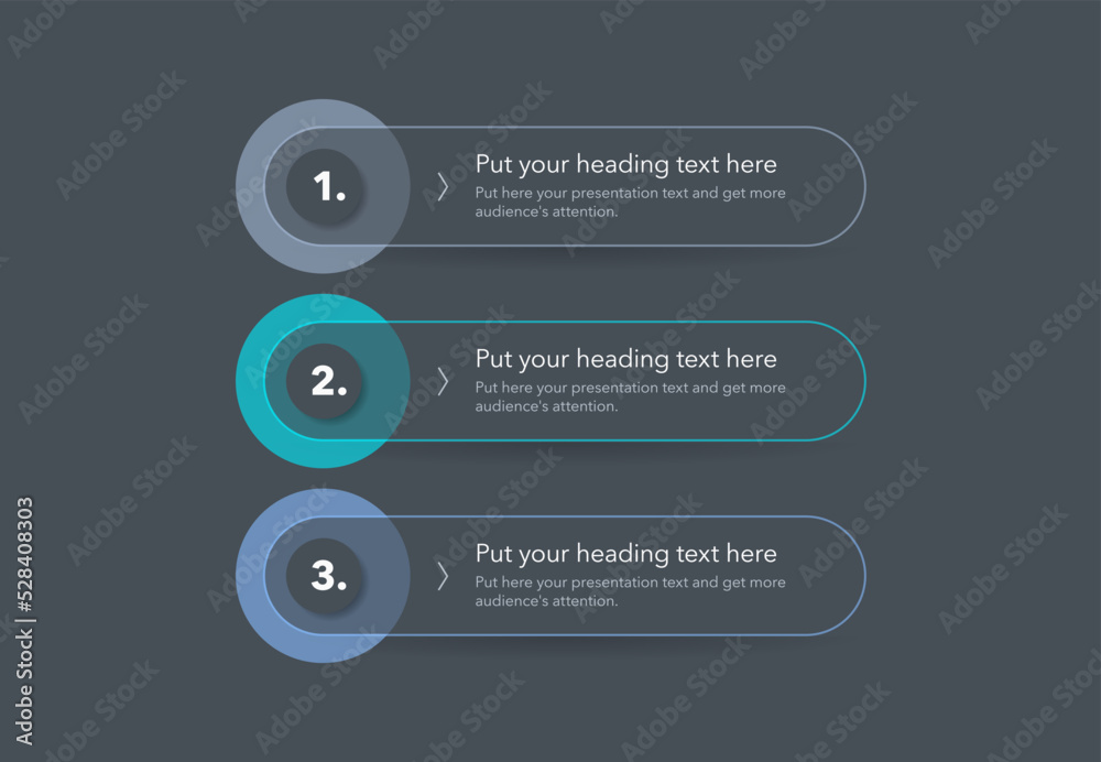 Modern diagram with three steps with numbers and a place for your text - dark version.