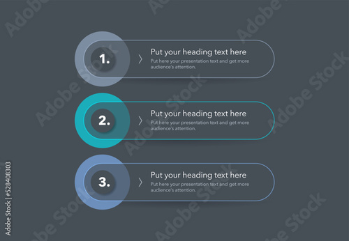 Modern diagram with three steps with numbers and a place for your text - dark version.