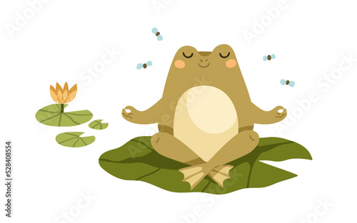 Cute frog in meditation pose. Funny foggy relaxing on leaf in zen yoga position. Happy baby animal character meditating in nature in pond. Flat vector illustration isolated on white background