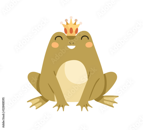Cute frog princess with crown. Happy girl froggy. Funny amphibian animal. Ado...