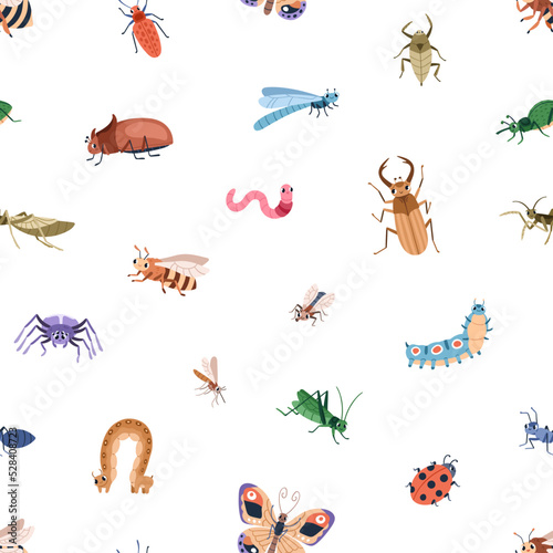 Cute insects pattern. Seamless childish background with happy funny beetles, bugs, butterflies, spiders. Repeating print, kids texture design for textile, decoration. Colored flat vector illustration