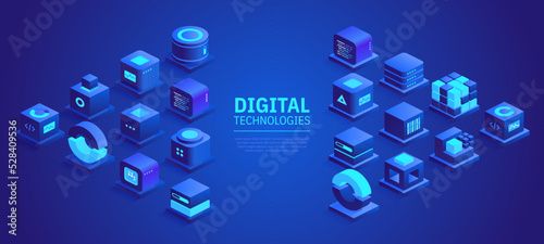 Web banner design of digital technologies concept. Abstract isometric cubes with text place on blue background. Online communication and blockchain. Vector illustration of advertising landing page