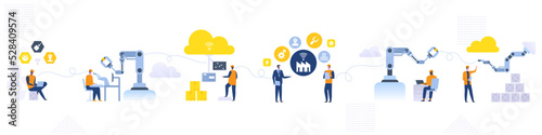 Assembly line with robotic arms and workers Male and female factory workers engineers Automated production process User connecting with a tablet and sharing data with a cyber-physical system Vector