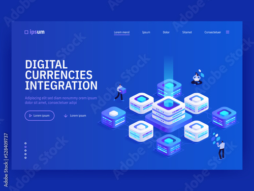 Digital currencies integration isometric vector image on blue background. Easy access to cryptocurrency wallets. Blockchain network. Web banner with space for text. Composition with 3d components
