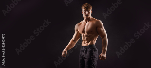  The torso of attractive muscular male body builder on black background. photo