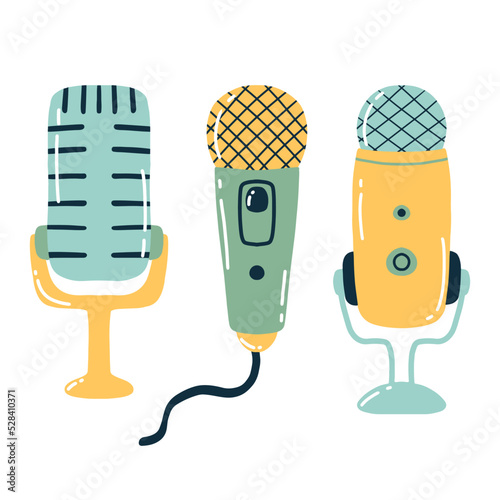 A set of microphones. Doodle style. Vector illustration.