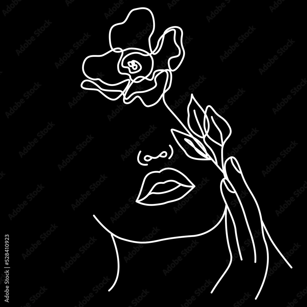 Woman face with flower. Minimalistic vector illustration. Black and white. Black background. Floral. One line drawing.
