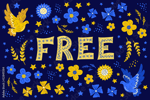 Ukraine free, graphic elements, dove, sunflower, flowers, stars, yellow-blue background, folk ethnic hand-drawn style