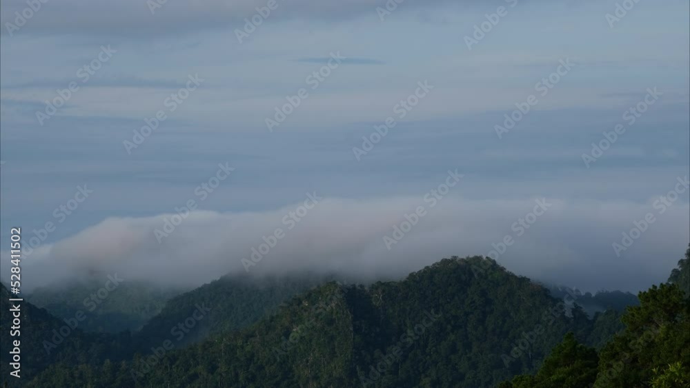 Aerial view of sea of fog on tropical mountains in the early morning. Layers of mountains in Thailand. Landscape of nature background in motion. Aerial view of sea of fog on tropical mountains in the early morning. Layers of mountains in Thailand. Landscape of nature background in motion.