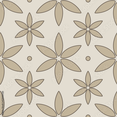 Seamless pattern of flowers and dots. The flowers have six petals. © andrykay