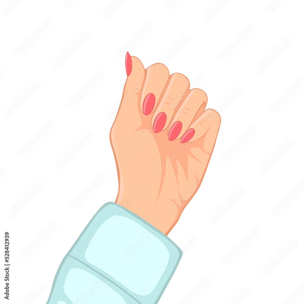 Hand with beauty nails. Fashion illustration for beauty salon, nail, manicure masters. Image can be used for greeting cards, posters, stickers and textile. Isolated on white background. Hand with beauty nails. Fashion illustration for beauty salon, nail, manicure masters. Image can be used for greeting cards, posters, stickers and textile. Isolated on white background.