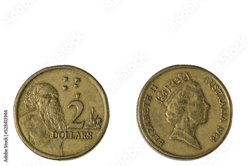 Close up view of front and back side of two dollars Australian coin dated 1988. Numismatic concept. photo