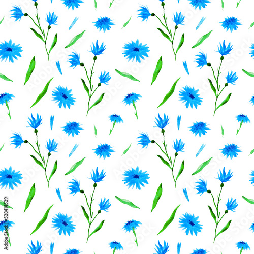 Seamless pattern with blue flowers. Watercolor illustration.