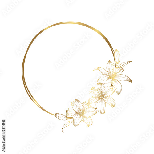 Hand drawn golden lily flower round wreath in cute doodle style. Luxury elegant vector illustration for postcard, wedding invitations, birthday, quotes, thank you card, cosmetics. Copy space for text.