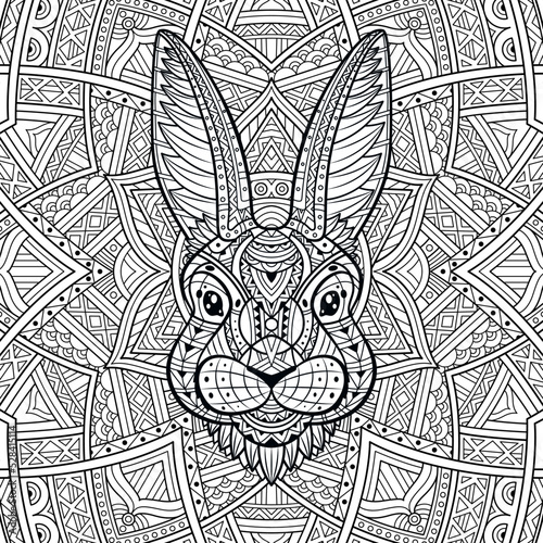Hare bunny portrait. Rabbit head line art coloring. Line Art. Monochrome rabbit. Animal head on a patterned background. Hand-drawn with ethnic floral pattern. Boho, doodle style. Vector illustration.