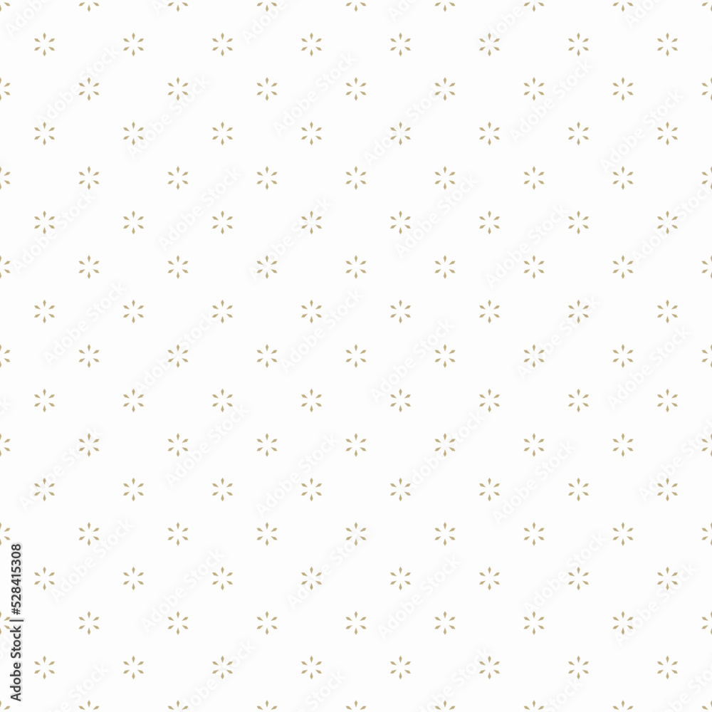 Minimal style seamless pattern with small floral, or snowflake motif. Gold floral motifs on white background.
