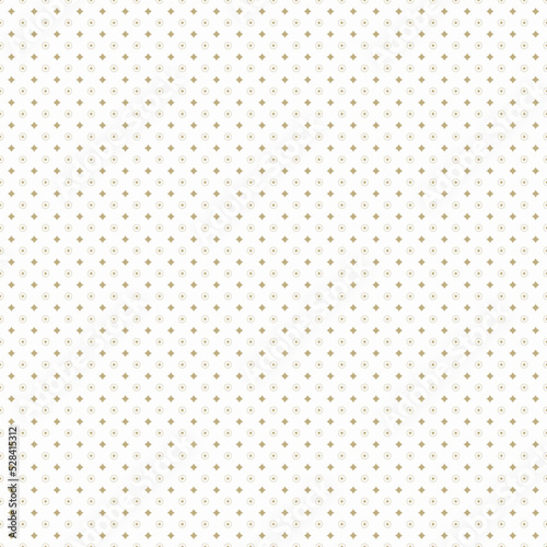 Minimal style seamless pattern with small diamonds and circles. Golden diamond shapes and circles on white background.