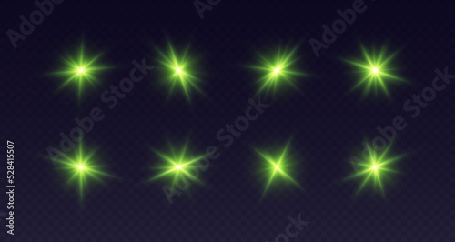 Green lens flare, glowing star with rays, shiny flash spark, bright cosmic explosion isolated on black. Vector illustration.