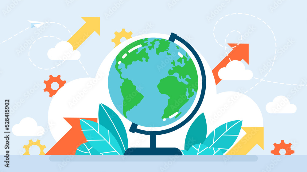 Globe Earth. School subject for geography. Navigation on the map. Can be used for concept of delivery, international relations, trade, travel, logistics, ecology. Flat style. Illustration. Globe Earth. School subject for geography. Navigation on the map. Can be used for concept of delivery, international relations, trade, travel, logistics, ecology. Flat style. Illustration.