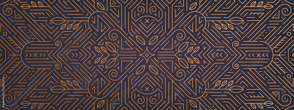 Vector abstract geometric golden background, gatsby style pattern. Art deco wedding, party, geometric ornament, linear style. Horizontal luxury decoration element, banner, gold and black. - obrazy, fototapety, plakaty 