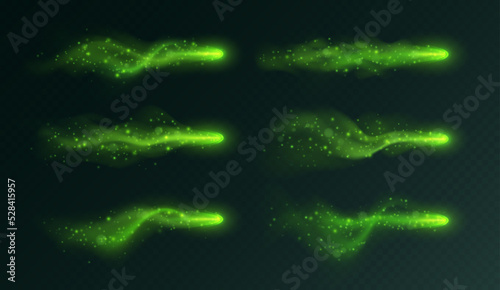 Blue light trail, magic stardust with haze and sparkles, realistic fantasy game vfx effects collection, spell blast in motion isolated on dark background. Vector illustration.