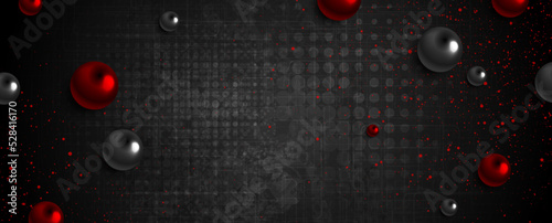 Red black glossy spheres and shiny dots on dark grunge background. Technology vector banner design
