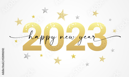 Happy New Year 2023 lettering script and golden glitter of stars. Number 20 23 design template. 2023 happy new year symbols. Creative vector template isolated on white background
