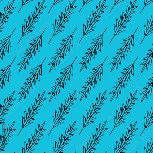 Rosemary. A sprig of fragrant spice. Repeating vector pattern. Seamless floral ornament. Abstract background of twigs with leaves. Isolated green background. Idea for web design, packaging, wallpaper