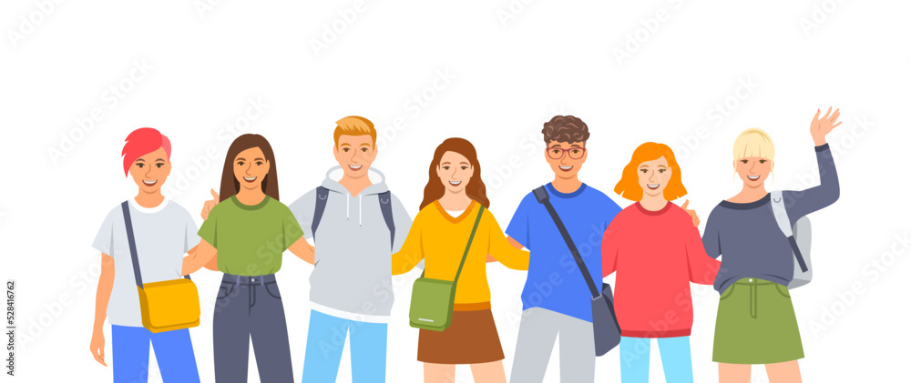 Young people stand together. Friendly diverse college students hug each other. Students community. Smiling boys and girls with school bags and backpacks isolated on white. Flat cartoon illustration