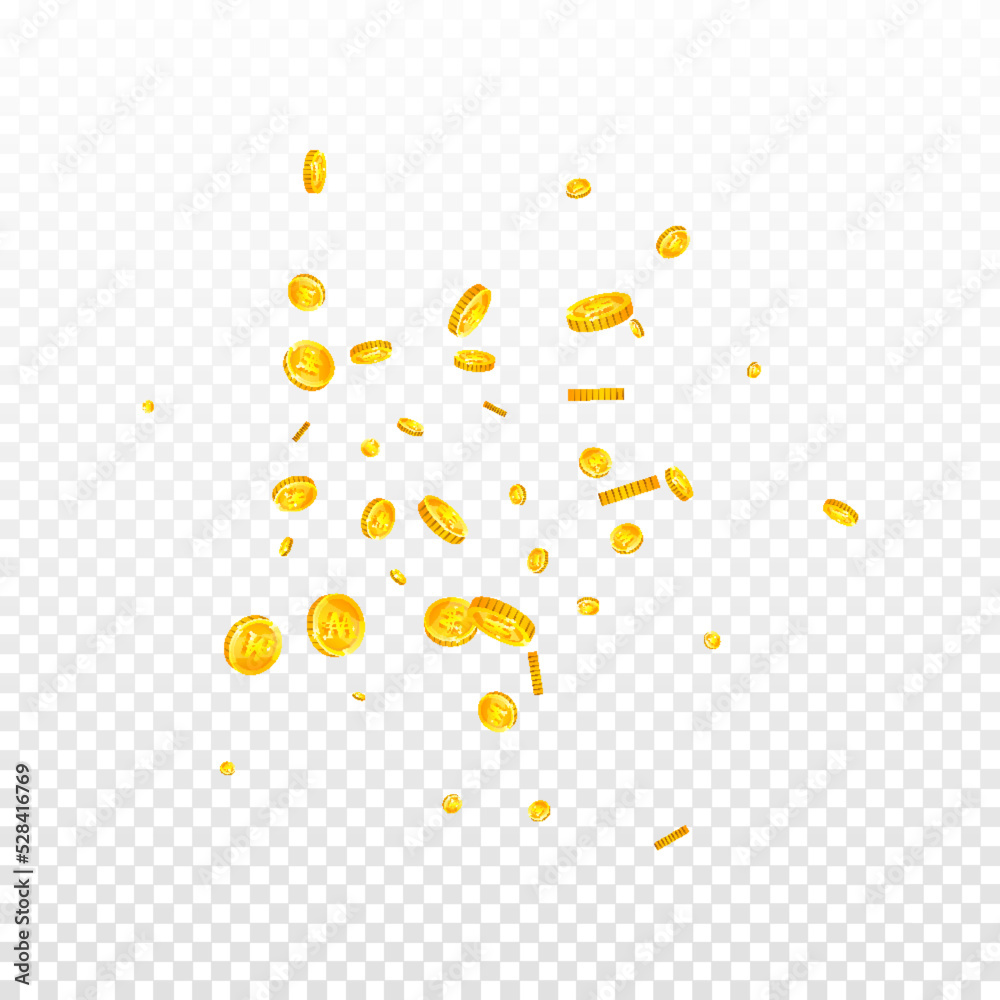 Korean won coins falling. Scattered gold WON Korean won coins falling. Scattered gold WON