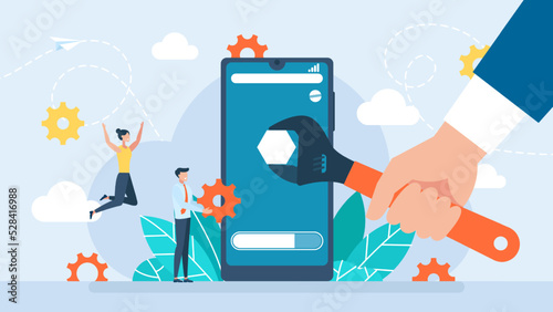 Concept of creating, setting personal pages, and repairing. User interface customization, programming. Phone screen with user's personal page. User customizes settings on mobile. Vector illustration