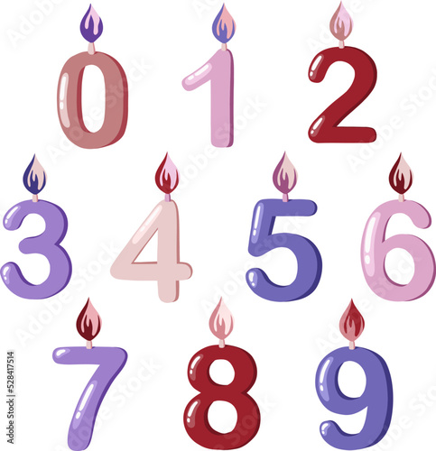 Vector colorful birthday candles. Candles with numbers from zero to nine