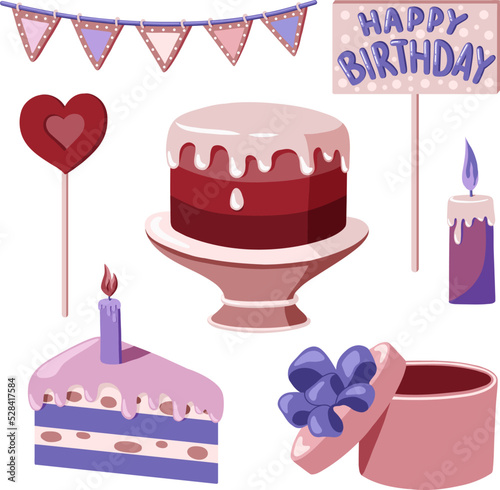 Happy birthday clipart set. Cake, gift box, candle and flags