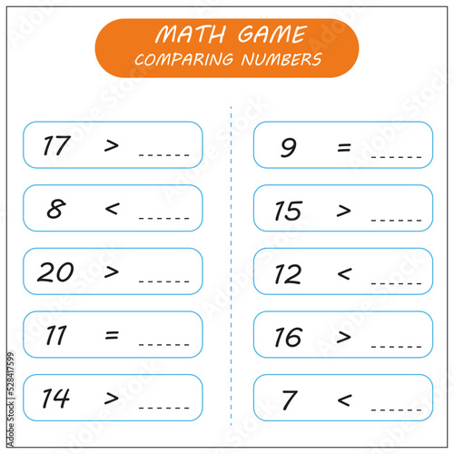 Comparing numbers. Less than, greater than, equal to. Number range up to 20. Elementary school. Worksheets for kids. 