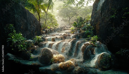 Photo Waterfall in the jungle with streams of white water, greenery and creepers