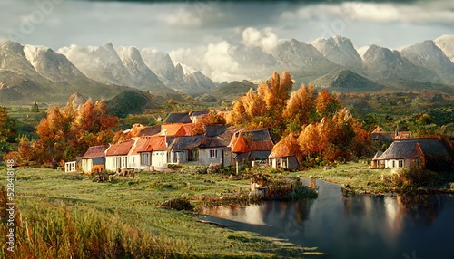 Fotografiet Mountainous area, rural houses on an autumn day, a lake surrounded by green grass
