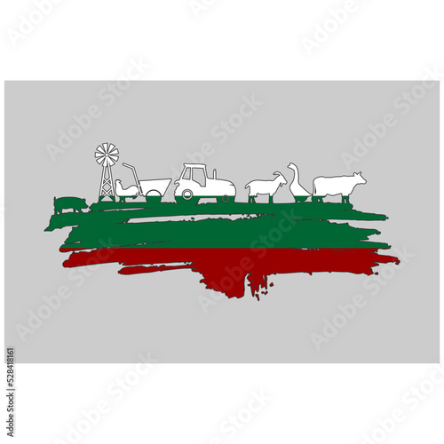 Brush stroke with agricultural icons textured by flag of Bulgaria. Background for eco products.