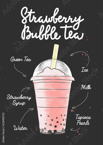 Vector engraved style Strawberry Bubble Milk Tea drink in plastic glass for posters, decoration, logo. Hand drawn sketch with lettering and recipe, beverage ingredients. Detailed colorful drawing.