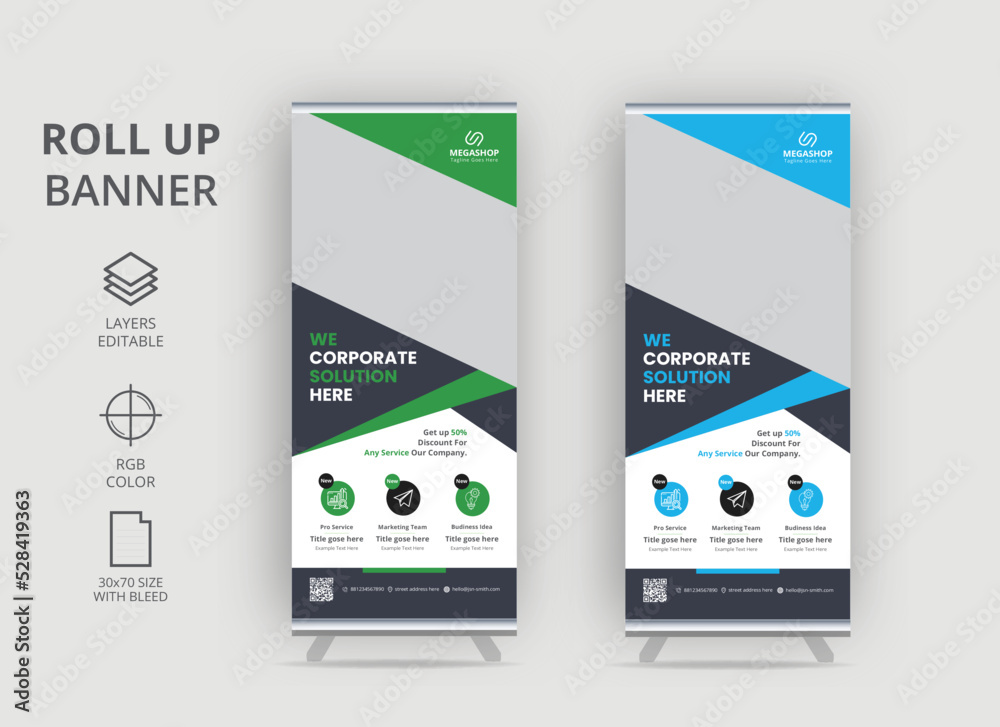 Naklejka premium Roll up banner design template, vertical, pull-up design, modern x-banner,x-stand, exhibition display, Retractable banner stand