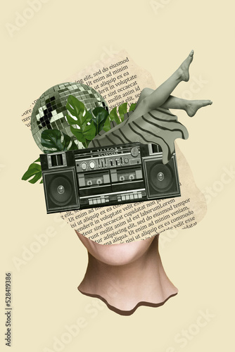 Vertical creative collage image of woman legs disco ball party entertainment plant leaves text boombox bust isolated drawing background photo