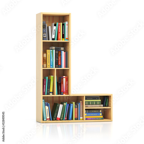 Letter L in form of bookshelf with book and texbooks. Educational and learning conceptual font and alphabet. © Maksym Yemelyanov