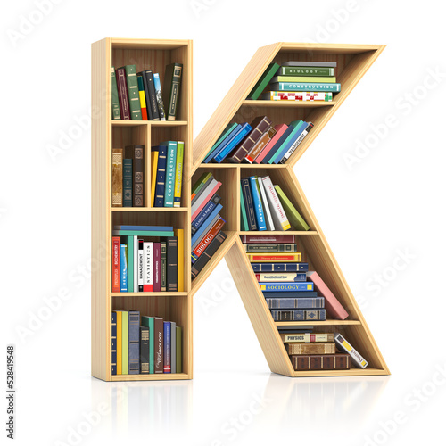 Letter K in form of bookshelf with book and texbooks. Educational and learning conceptual font and alphabet. © Maksym Yemelyanov