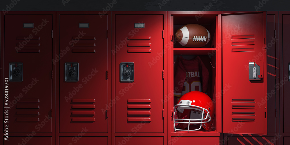 American football locker room with equipment, ball and helmet. Uwalls