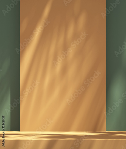 Product podium mockup display with green and orange background with tree shadow,summer background,3D render illustration