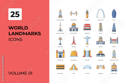 Work Landmark icons collection. Set contains such Icons as America, Amsterdam, Athens, Austria and more.