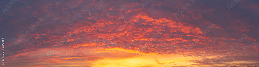 Stunning panoramic shot of clouds reflecting a magnificent sunset. Sky serving as the background. Copy space