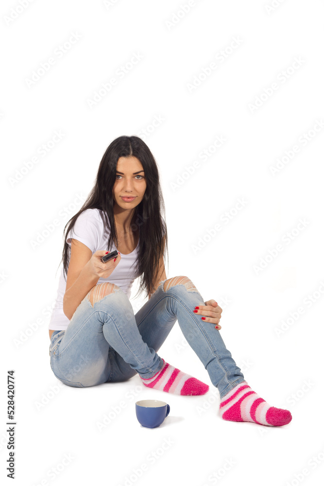 Woman with remote Woman with remote