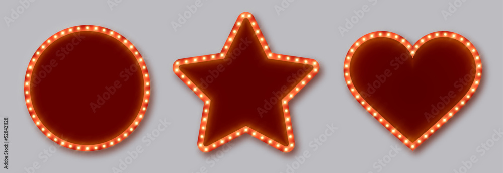 Marquee frames with red border, retro casino signboards with white background and light bulbs. Vintage circus banners in different shapes - circle, star, heart. Vector illutration.